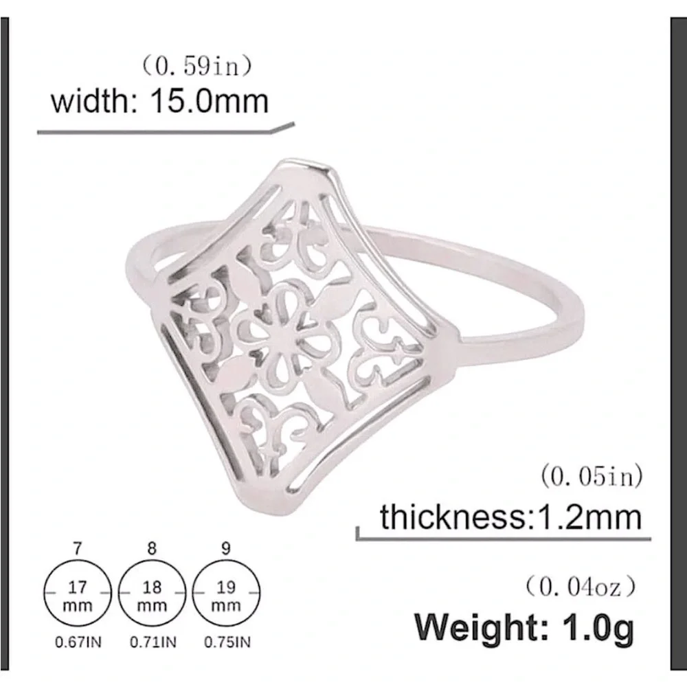 NEW 14k White Gold Plated Cut Out Filigree‎ Hollow Flower Ring, Size 7